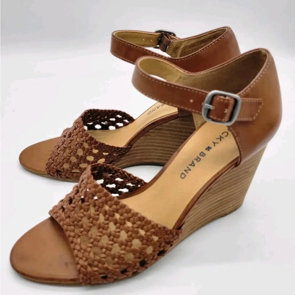 Lucky Brand Brown Leather Strappy Platform Wedge Sandals Boho Summer Shoes
